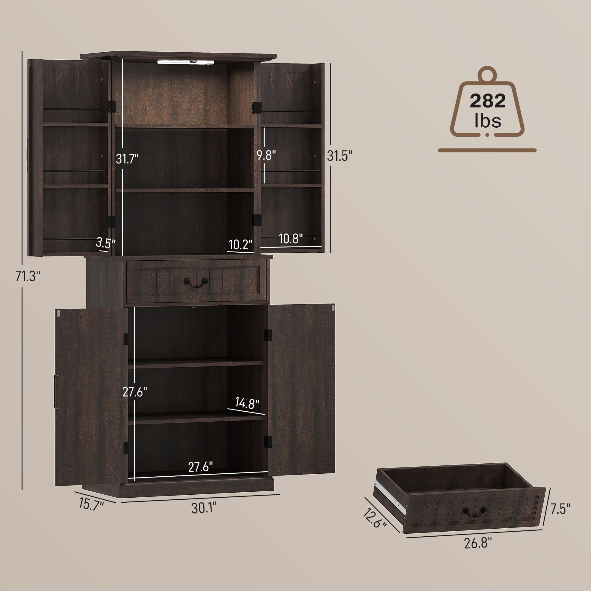 HOMCOM Farmhouse Kitchen Pantry Cabinet with Light, Storage Cabinet, Brown