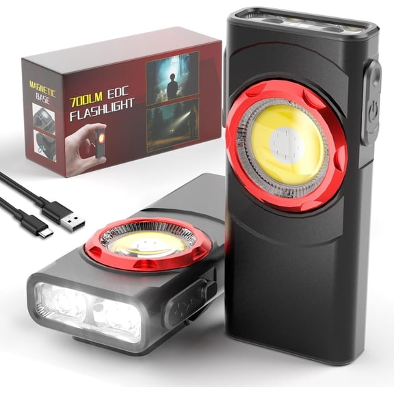 EDC Flashlight , 700 Lumens Mini  Flashlight with 8 Modes Dual Light Sources  Flashlights with Clip  Pocket Flat Flashlights for Night Working (1, Black)