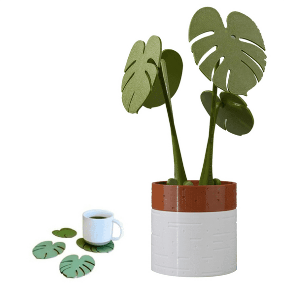 Monstera Plant Coasters Set 3D Printed, Waterproof&Anti-Scald Plant Coasters, Funny 3D Printed Coasters Magnetically,4 x coasters 4 x branches 1 x base 1 x flower pot,As Shown