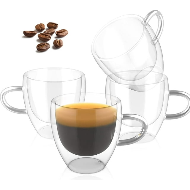 Espresso Cups Set of 4-2.8 OZ Double Walled Glass Hand Blown Shots Glass Thermo Insulated Expresso Coffee Mugs with Handle Small Demitasse Cups for Espresso Machine