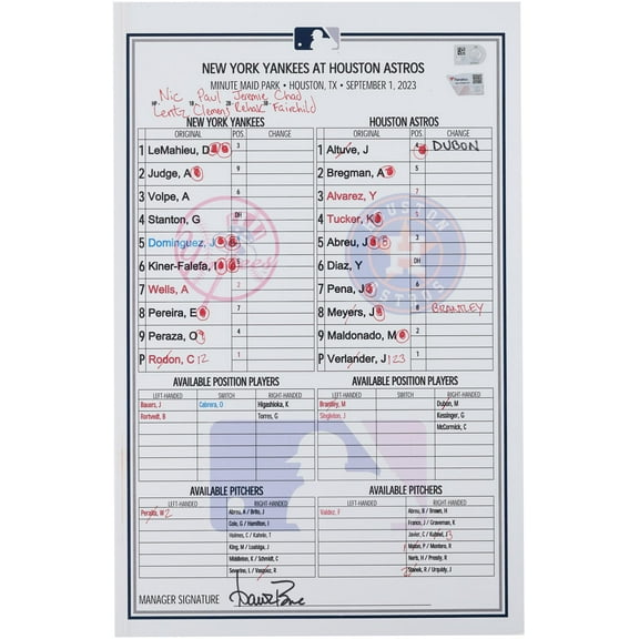 New York Yankees Game-Used Lineup Card vs. Houston Astros on September 1, 2023 - Jasson Dominguez MLB Debut - Fanatics Authentic Certified