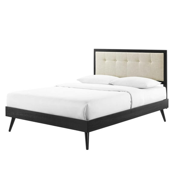 Platform Bed Frame, Queen Size, Fabric, Wood, Black Beige, Modern Contemporary Urban Design, Bedroom Master Guest Suite
