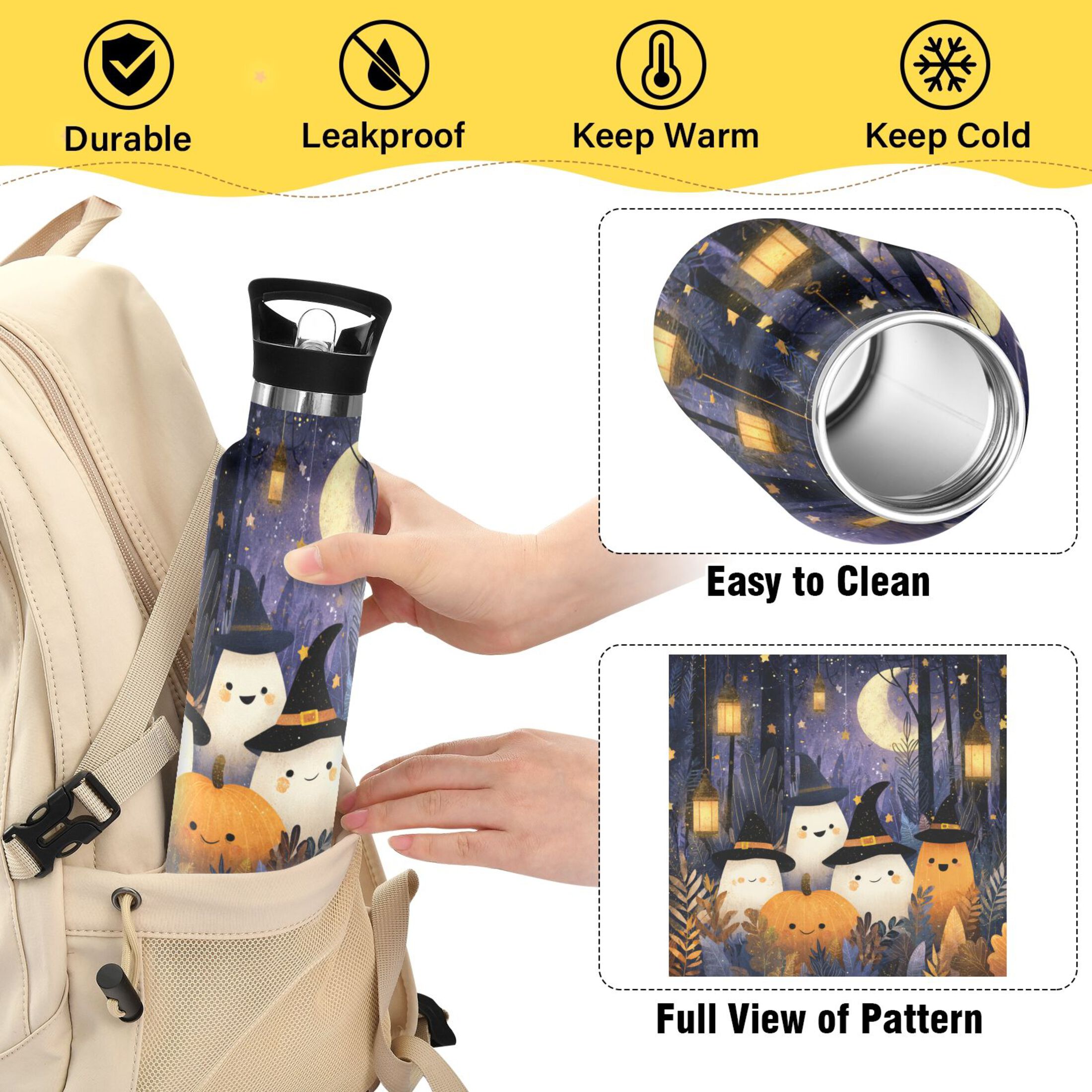 Kids Insulated Stainless Steel Sports Water Bottle 600ml (20oz) Halloween-themed with Ghosts
