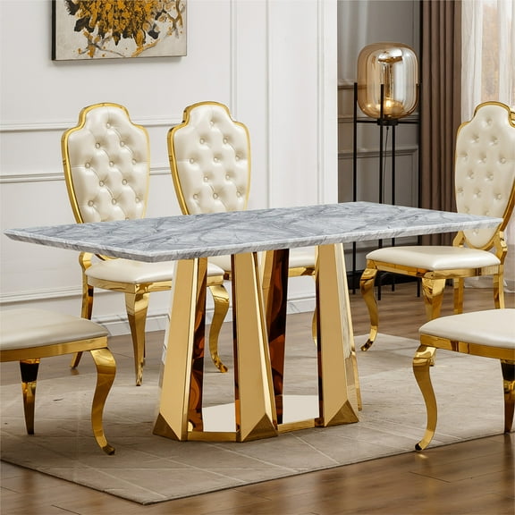 Marble Dining Table for 6 People, 70 Inch Rectangle Faux Marble Top with Mirrored Stainless Steel Base, Modern Large Kitchen Dining Table in Gold and Gray