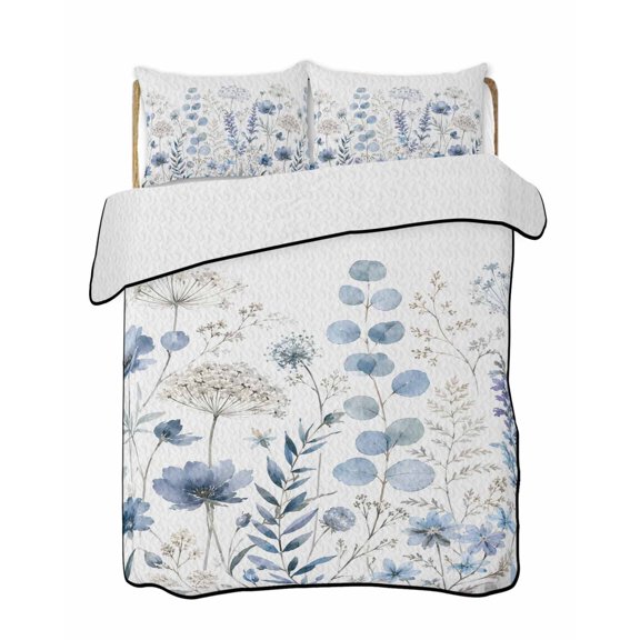 Twin XL Quilt Bedding Set, Navy Blue Wildflowers Reversible Summer Quilt 3 Pieces, Farmhouse Eucalyptus Leaves Lightweight Bedspreads Coverlets with 2 Pillow Shams for All Seasons