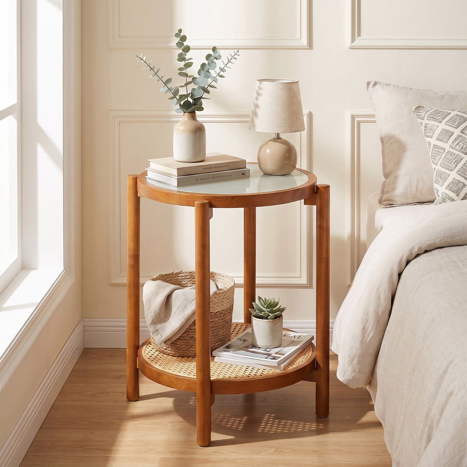 Furnibear Round Side Table 2 Tier Boho End Table with Tempered Glass Top and Woven Rattan Shelf on Acacia Wood Legs for Living Room, Walnut