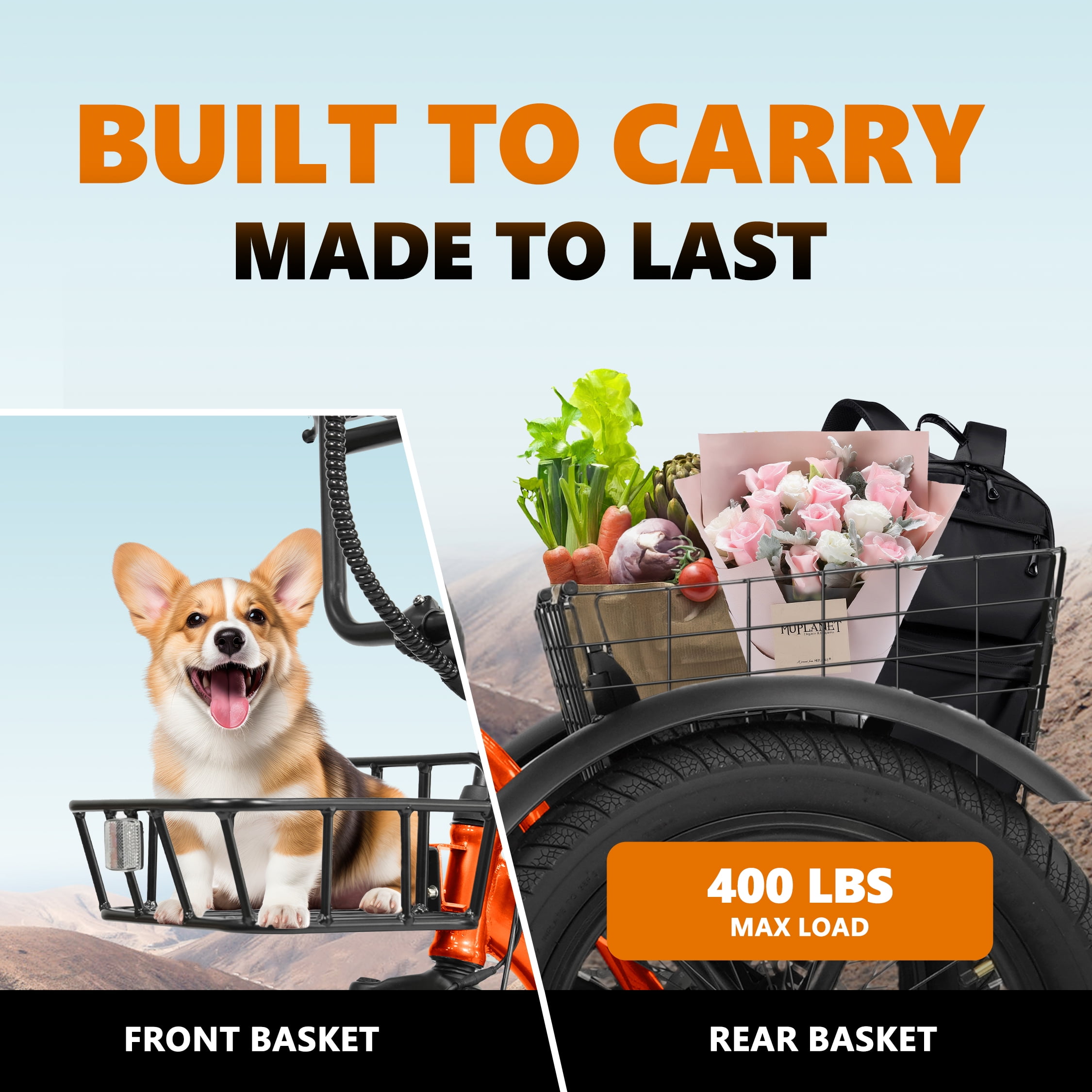 ESKUTE Orange E Trike Electric Bike, Peak 1200W Brushless Motor Folding Trike 18X3.0 Fat Tire Ebike, 499Wh Removable Battery, Step-Thru 3 Wheel Electric Bicycle, 48V 13AH 18MPH+ Tricycle for Adults