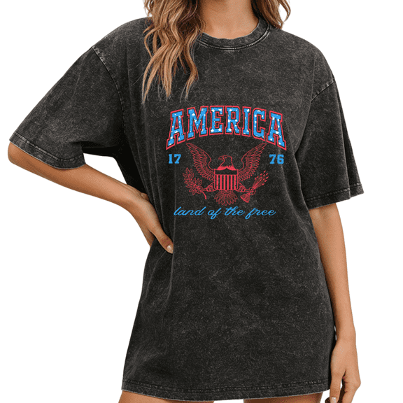 UNISHE Women's America 1776 Eagle Vintage Washed T-Shirt Short Sleeve S-2XL Crewneck Oversized Fit Tee