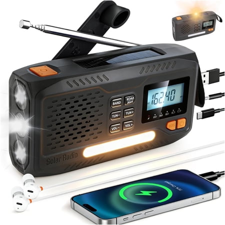 Emergency Crank Radio, NOAA Weather Alert 7400 mWh Solar Portable AM/FM Radio, Rechargeable Battery Led Flashlight, LCD Screen Headphone Jack for Power Outages, Camping, Home, Emergencies, Survival