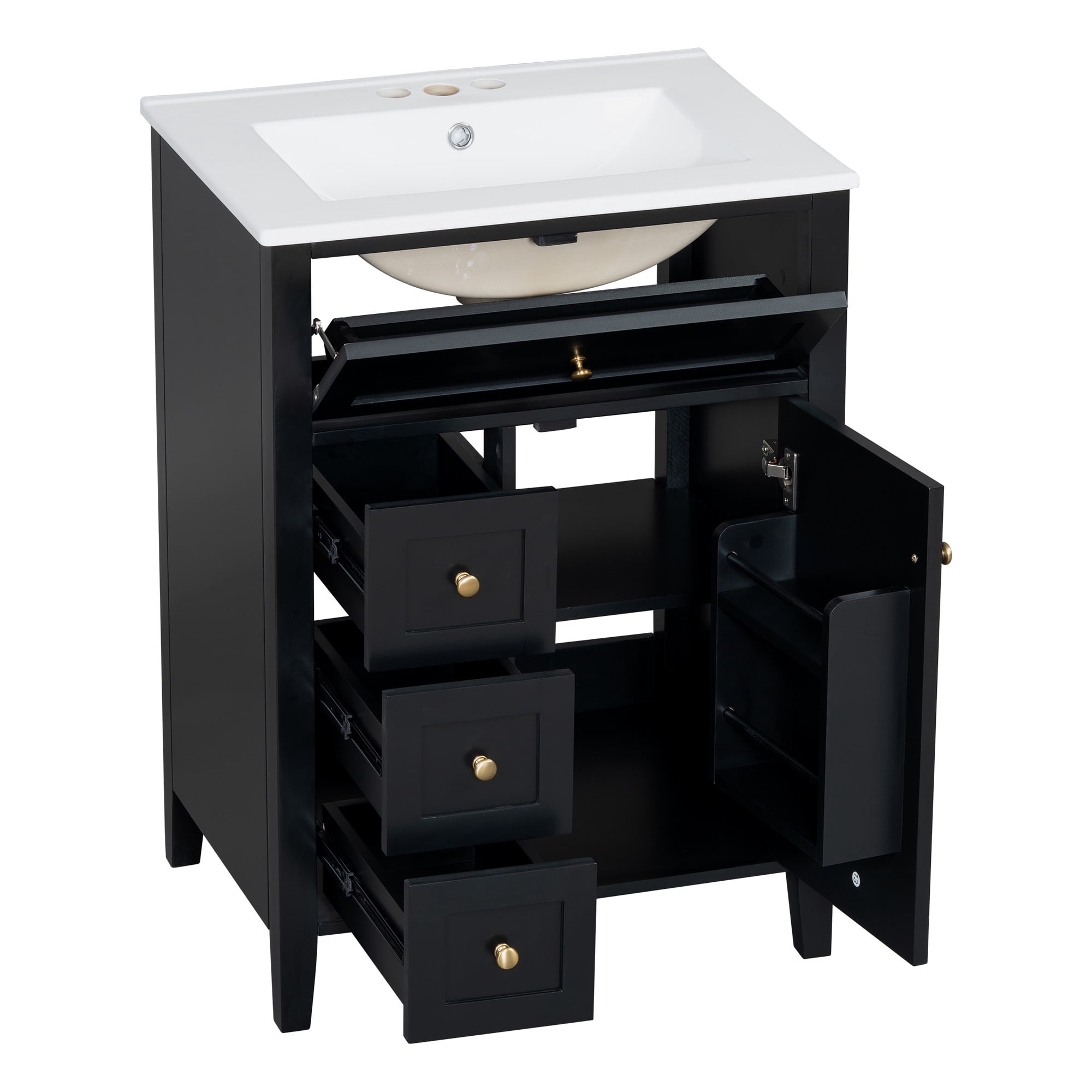 MODERNLUXE 24" Bathroom Vanity with Ceramic Sink,Modern Freestanding Bathroom Storage Cabinet with 4 Drawers,Adjustable Shelves & Door Organizer,Suitable for Small to Medium Bathroom,Black