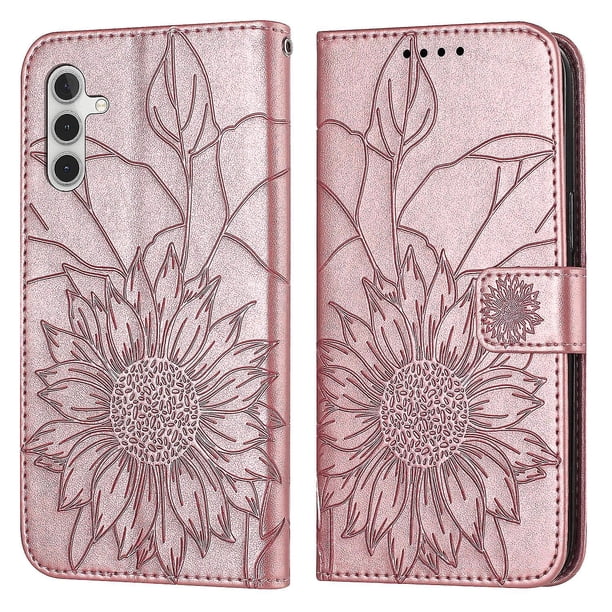 Funda tipo cartera con girasol grabado para Samsung A34 5g, multifuncional, elegante y con protección total.