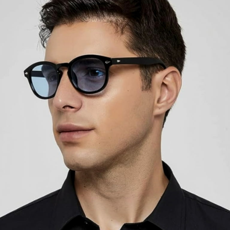 Street Knitted Round Retro Dark Black Plastic Frame Sky Blue Tint Lens Trendy Sunglasses for Men Women Summer Circle Sun Glasses See Through Film