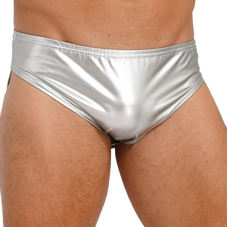 YONGHS Men Shiny Faux Leather Briefs Lingerie Low Rise Bulge Pouch Panties Underwear Silver 3XL