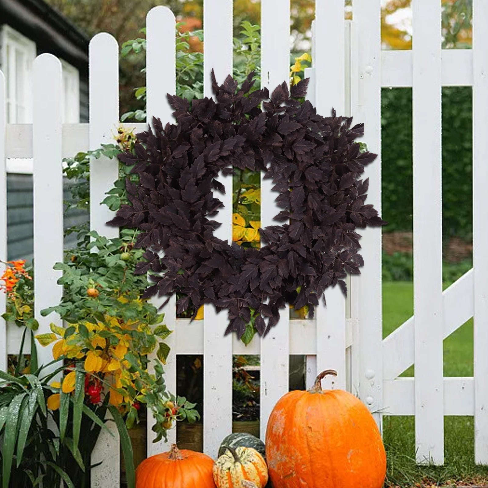 Fall Wreath for Front Door - 24 Inch Autumn Plum Leaf Wreath with Faux Full Harvest Foliage, Halloween Thanksgiving Decor, Farmhouse Wall Window Mantel Decoration, Indoor Outdoor Seasonal Home Accent