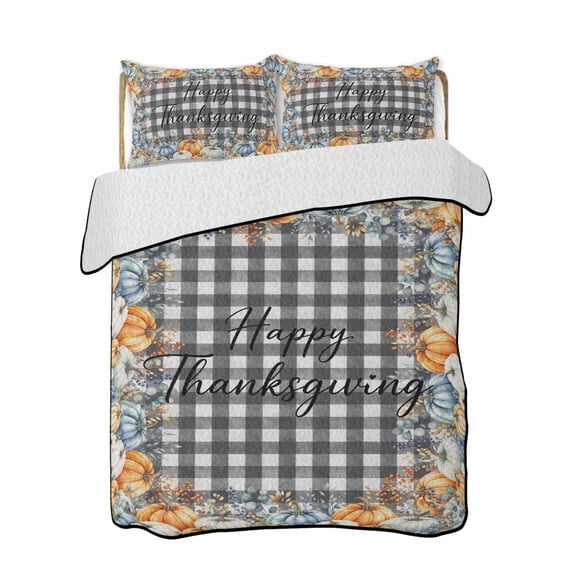 Quilts Queen Size Bedding Set, Thanksgiving Reversible Summer Quilt 3 Pieces, Fall Orange Blue Pumpkin Leaves Plaid Lightweight Bedspreads Coverlets with 2 Pillow Shams for All Seasons