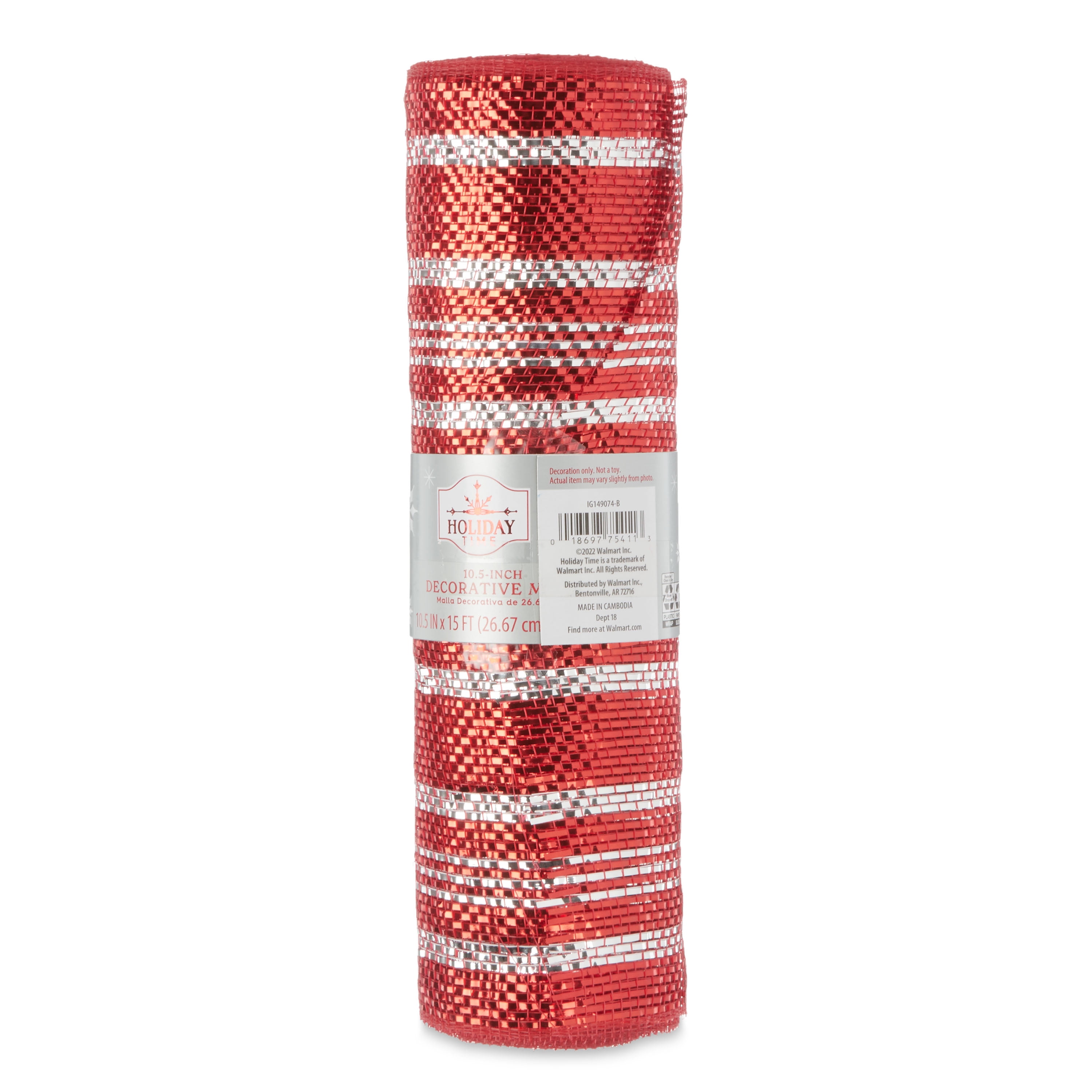 Holiday Time Red and Silver Stripe Mesh Christmas Ribbon Rolls, 10.5"