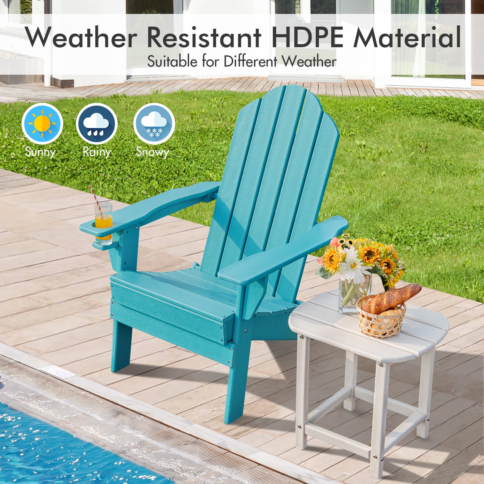 Gymax 2PCS Patio Folding Adirondack Chair Weather Resistant Cup Holder Yard Turquoise