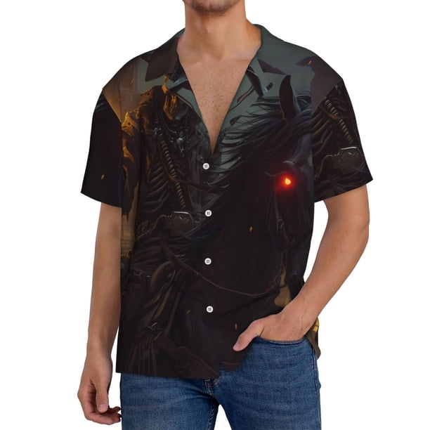 Fotbe Cool Skull Western Cowboy Camisa Estampada de Manga Corta para Hombre, Casual de Verano, Estilo Playero, Sin Arrugas-X-Large