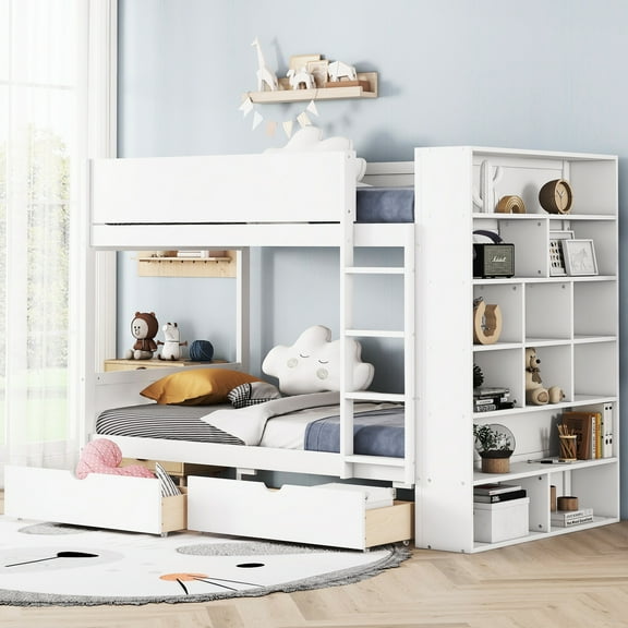 White Twin Over Bunk Bed With Drawers & Cabinet - Space Saving Solution, Structure Multi-layer Furniture, Build