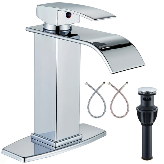 Water-Saving Single Handle Waterfall Bathroom Faucet, Chrome Finish with Valve Core & Supply Lines for 1/3 Hole Sinks, RV Vanity