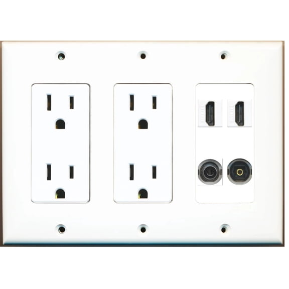 Ultra Spec Cables 2 Port HDMI 3.5mm Toslink-Optical Wall Plate w/Dual Power Outlet