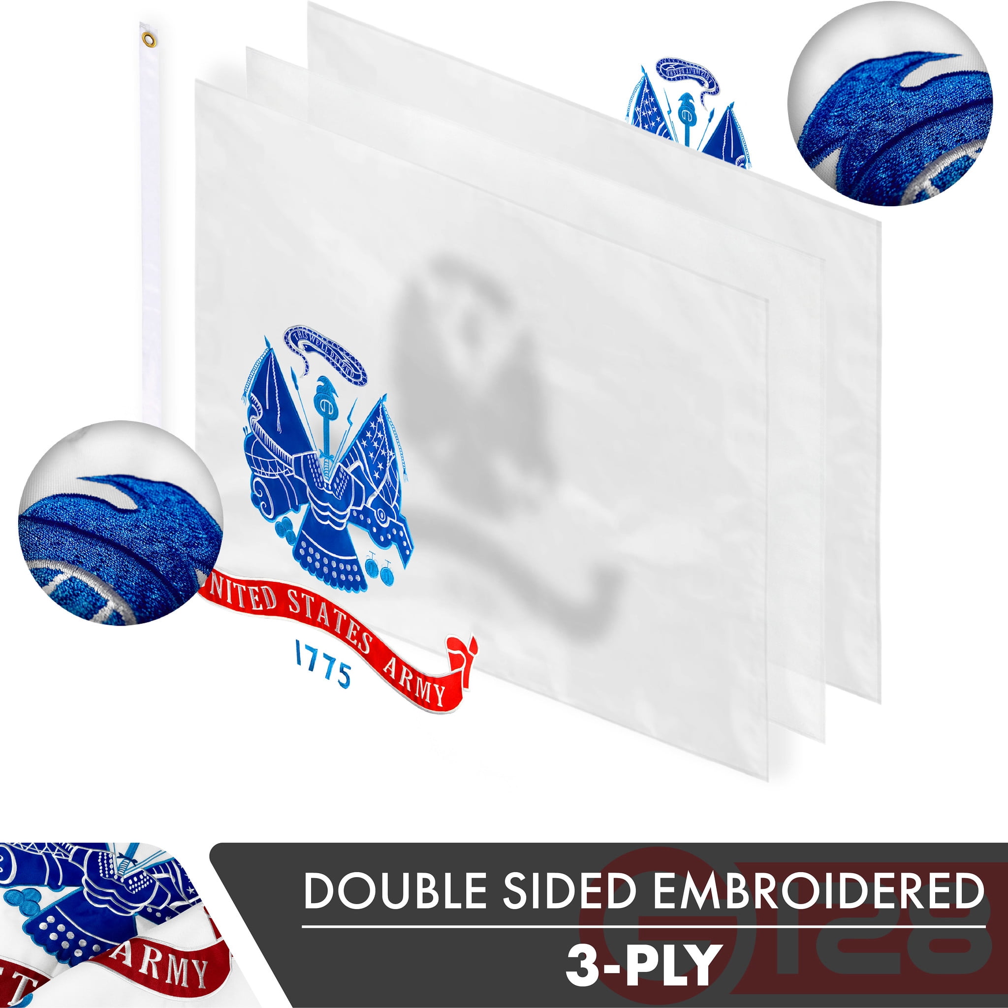 G128 – 3x5 feet, US Army Flag | Double Sided Embroidered 210D – Indoor/Outdoor, Vibrant Colors, Brass Grommets, Heavy Duty Polyester, 3-ply