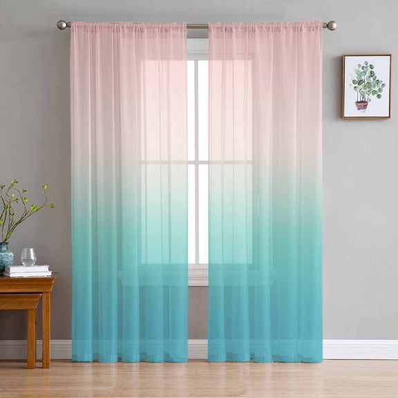 Pink Teal Ombre Sheer Curtains 84 Inches Long 2 Panels Set, Window Sheer Curtains for Living Room/Bedroom, Modern Abstract Art Gradient Aesthetics Light Filtering Rod Pocket Curtain 52'' x 84'' x 2