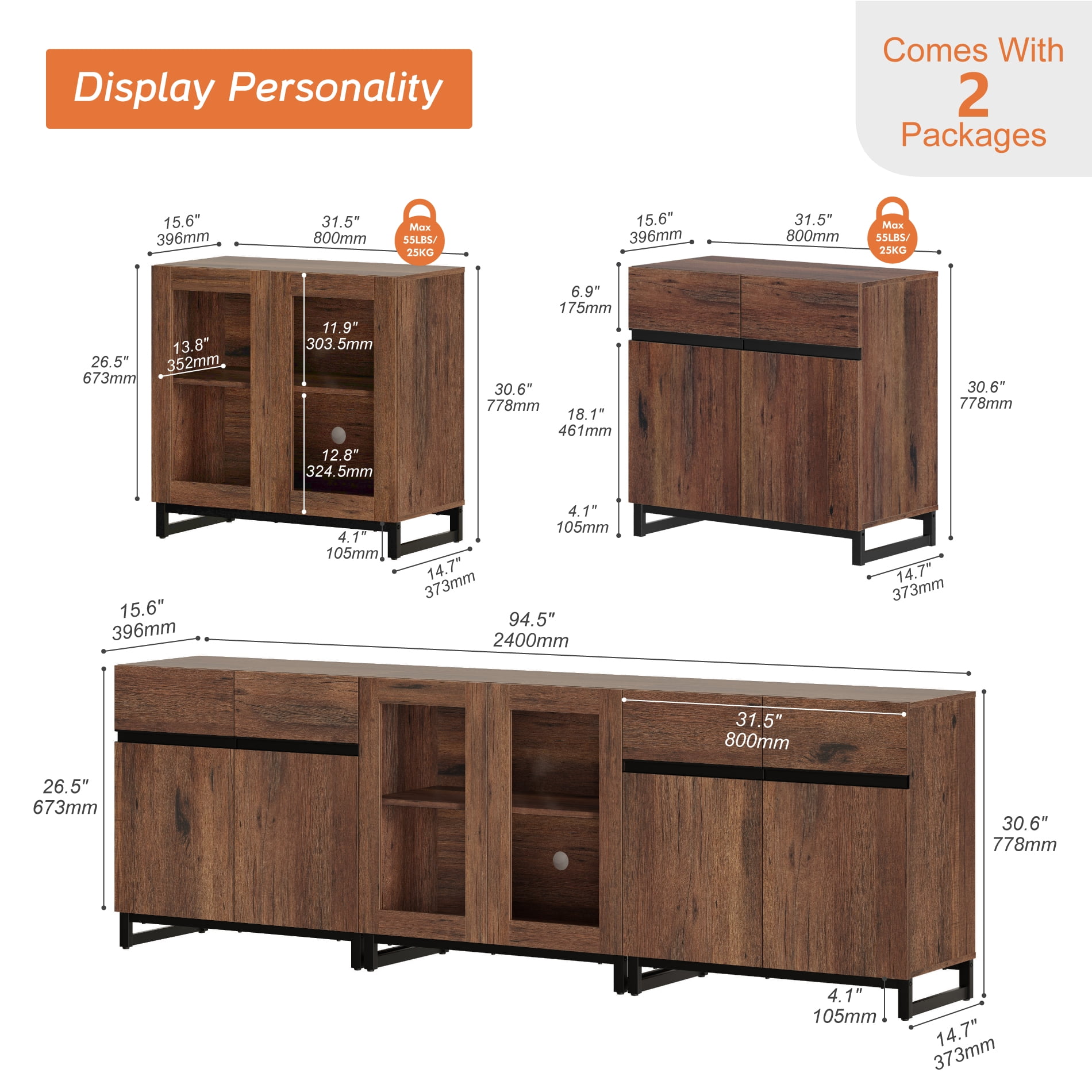 Modern Sideboard With Adjustable Shelves, 3 In 1 Storage Cabinet With Glass Doors, Coffee Bar Cabinet For Living Room, Kitchen,Brown