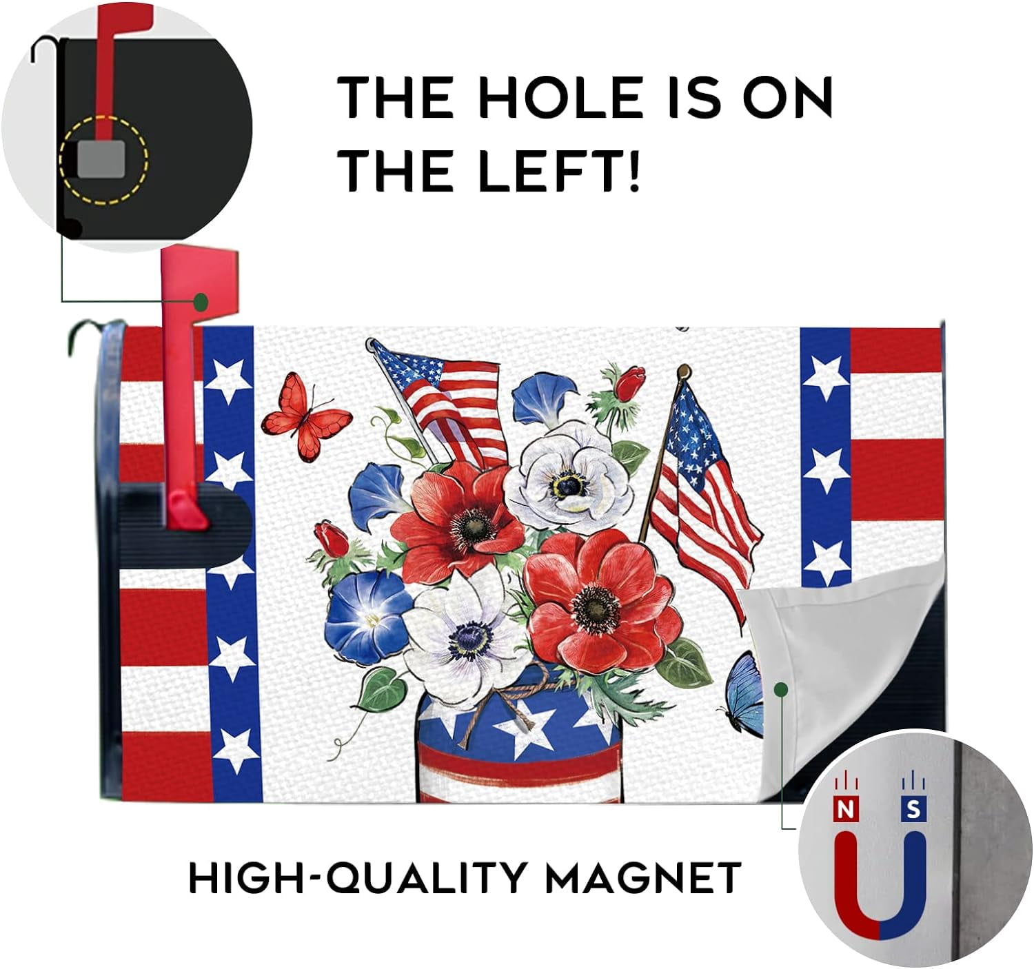 4th of July Patriotic Anemone Flower Mailbox Cover Magnetic Standard Size 21" x 19", America USA Red White Blue Floral Post Letter Box Wrap Decor American Flag Garden Yard Outdoor Decoration
