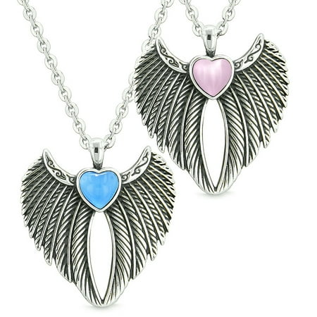 Angel Wings Magic Hearts Love Couples or Best Friends Aqua Blue and Pink Simulated Cats Eye
