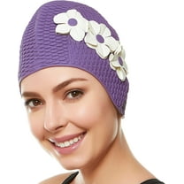 Beemo Swim Bathing Caps for Women Latex Swim Hat - Lavender with White Flowers