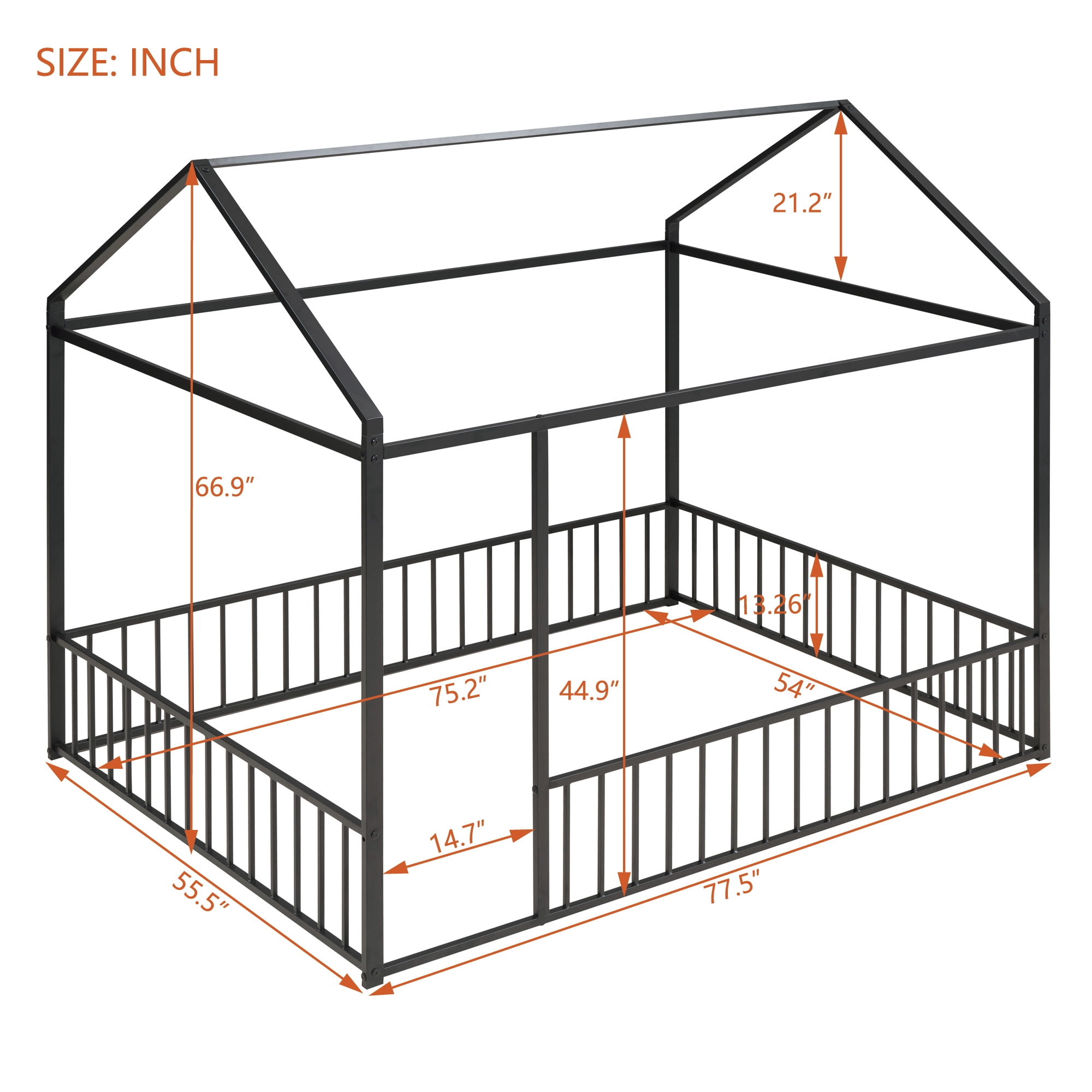 Full Size Montessori Floor Bed, Metal House Bed Frame for Kids, Kids Floor Beds with Fence Guardrails, Playhouse Bed for Kids Boys Girls