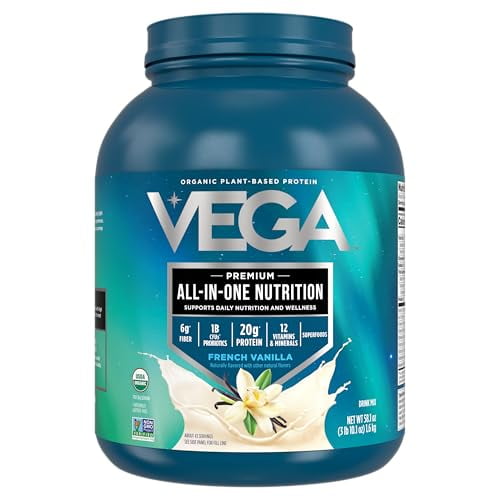 Vega Organic Proteína vegana todo en uno, vainilla francesa, ingredientes superalimentos, vitaminas para apoyo inmunológico, apto para ceto, proteína de guisante para mujeres y hombres, 3.1 libras (el