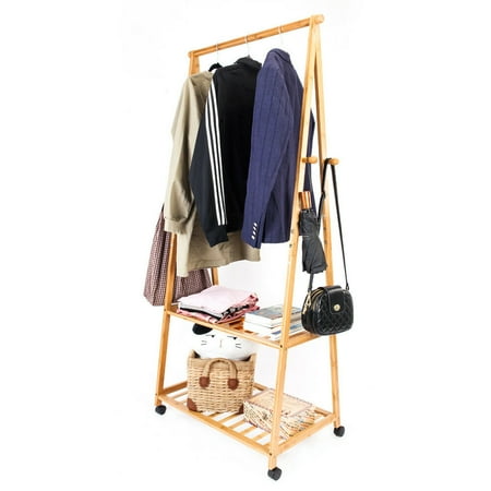 Garment Storage Racks Zimtown Bamboo Garment Rack w/ 4 Coat Hooks 2-tier Shoe Clothes Storage Shelves, Natural ()