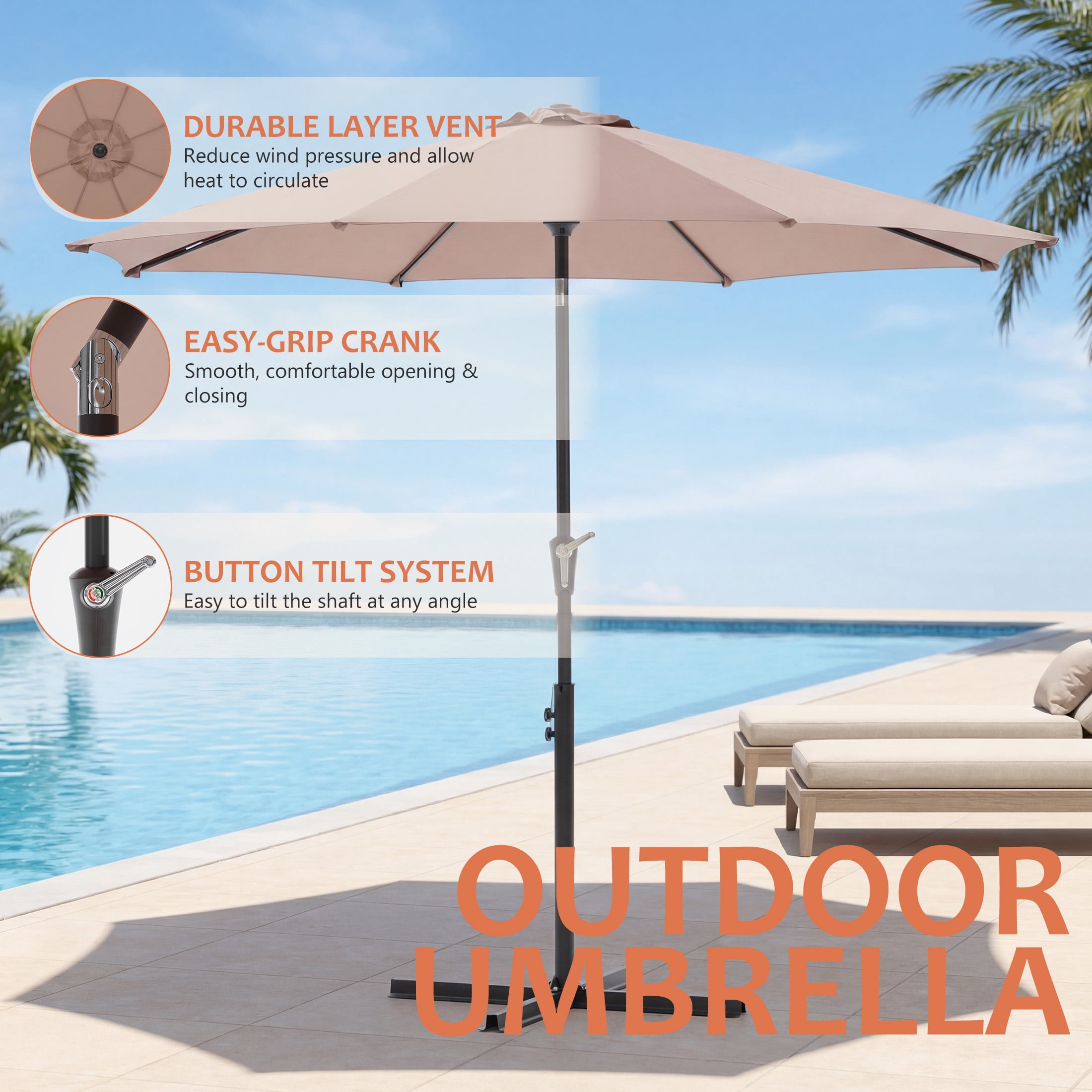 EDX 9FT Patio Umbrella Market Umbrella w/Tilt and Crank Heavy-Duty Round Outdoor Umbrellas for Garden, Deck, Backyard, Pool and Beach(brown)
