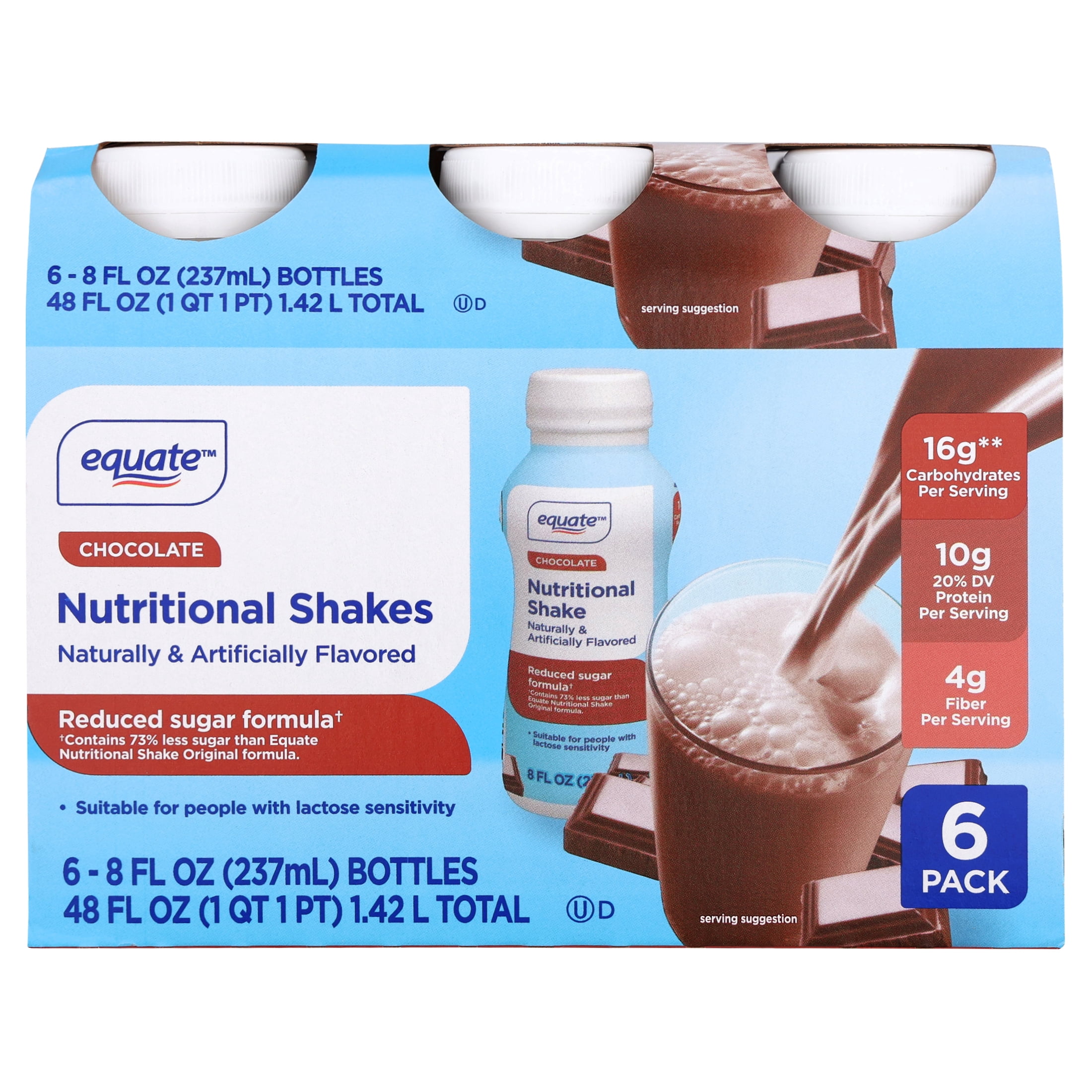 (4 pack) Equate Reduced Sugar Formula Nutritional Shakes, Chocolate, 8 fl oz, 6 Count
