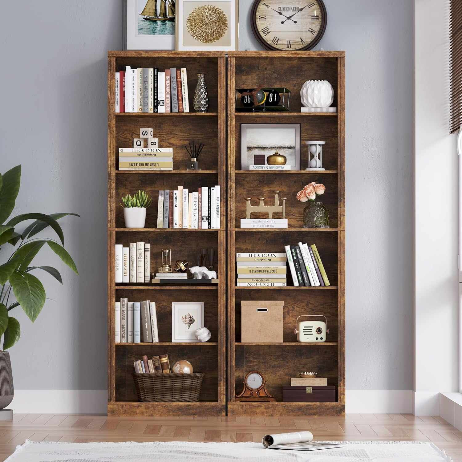 PUFFCAFE 75" Tall Bookcase,24" Wide Wood Book Shelf,6 Tier Display Storage Shelves,Brown Book Case for Home Office Living Room Bedroom Study,2 Pack