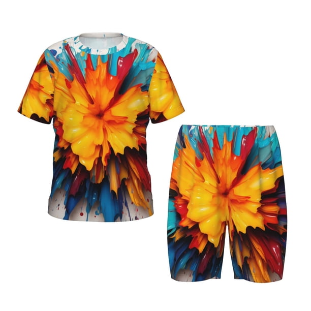 Fotbe Colorful Paint Print Pijama Estampada de 2 Piezas para Niños – Ropa de Dormir de Manga Corta Cómoda para Niños y Niñas, Camiseta y Shorts de Algodón-Small