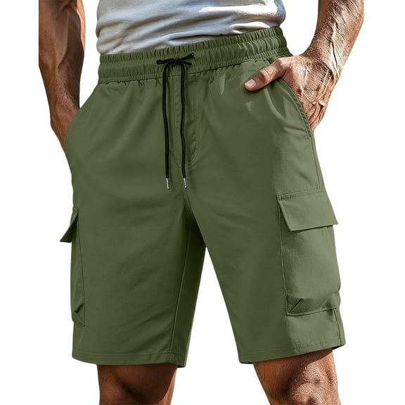 BRANROY Men's Classic Chino Cargo Shorts - Drawstring Elastic Waist Multi-Pocket Casual Shorts for Men, Lightweight Summer Hiking Shorts for Outdoor Daily Wear,Army Green,L