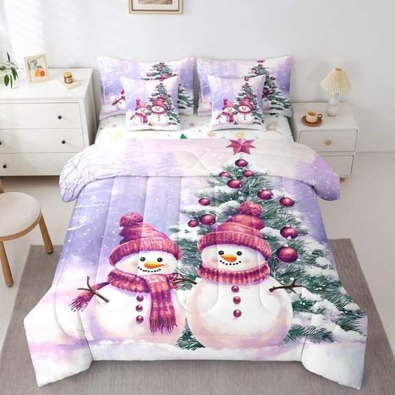 Manfei Christmas Snowman Child Twin Bedding Sets 7-Piece, Rustic Farmhouse Tree Bedding Comforter Set, Winter Western Festival Reversible Sheet Sets, Breathable Home Decor