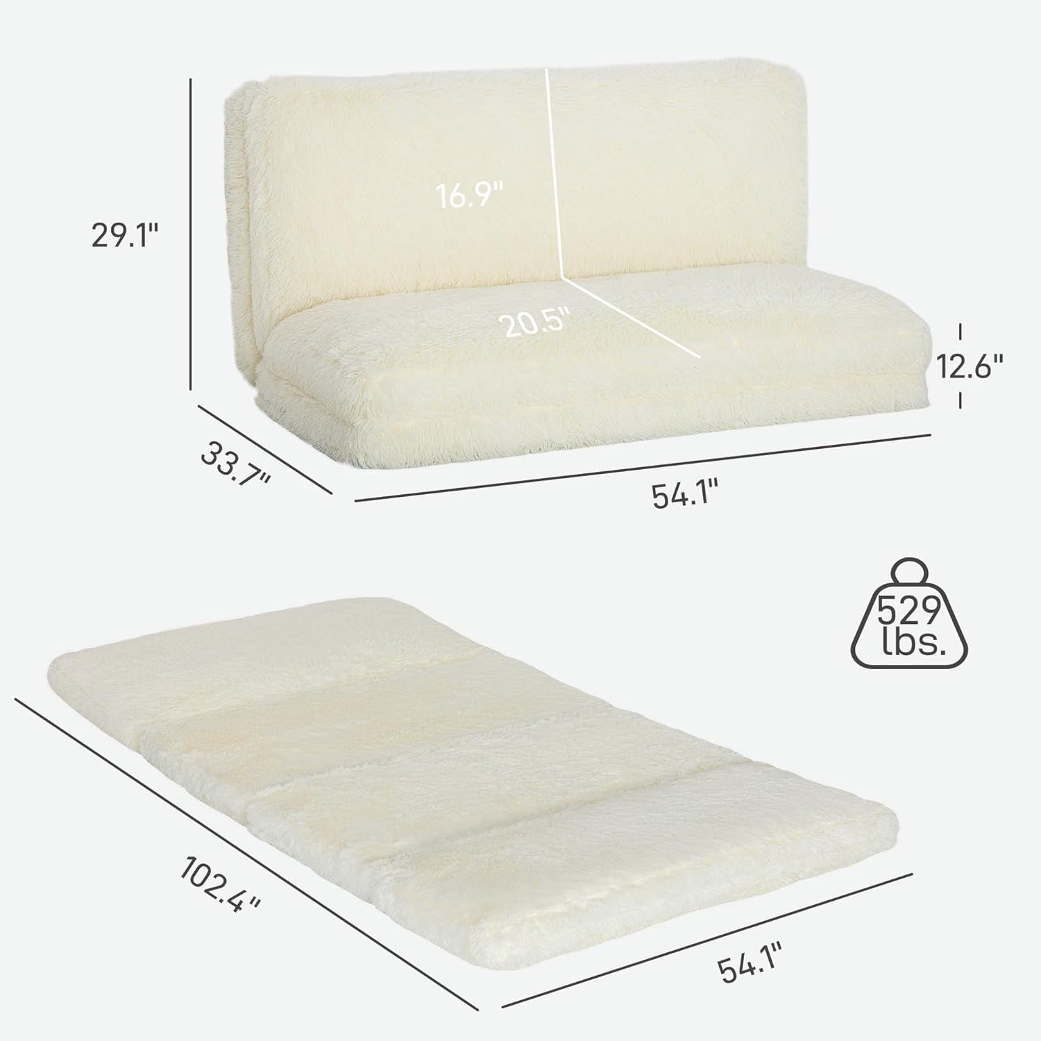 HOMCOM Bean Bag Chair Floor Sofa Bed for Adults, Thick Long Folding Sofa Bed 54 x102 in, Wall Couch Sleeper Chair Floor Mattress for Living Room, Cream White