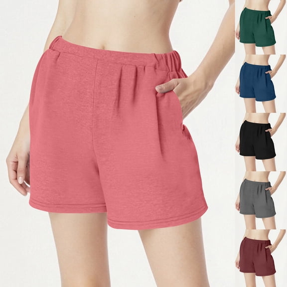 Felirenzacia Women's Casual Cotton Shorts,Pleated High Waist Wide Leg Summer Elastic Comfy Trendy Shorts with Pockets Watermelon Red,L