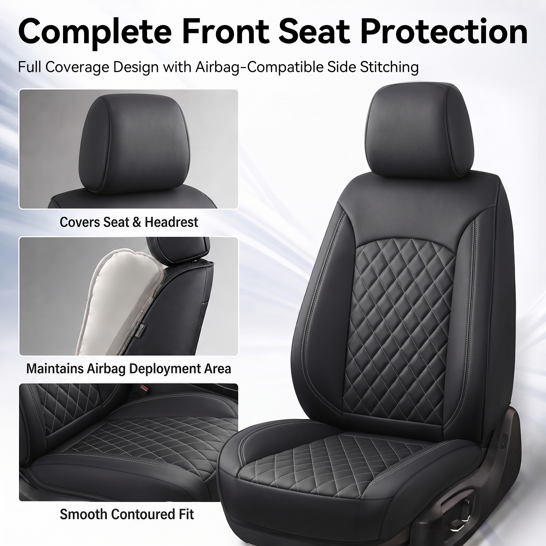 FLORAY Waterproof PU Leather Full Set Car Seat Covers, Black, Airbag Compatible photo 6