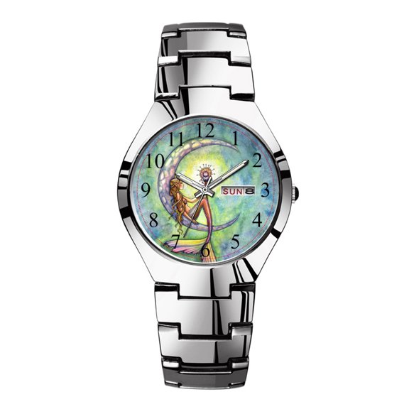 Mens Watches Silvery Steel Band Top Brand Waterproof Japan Quartz Watch Christmas Men Business Clock Mermaid Moon Fantasy Art Watches