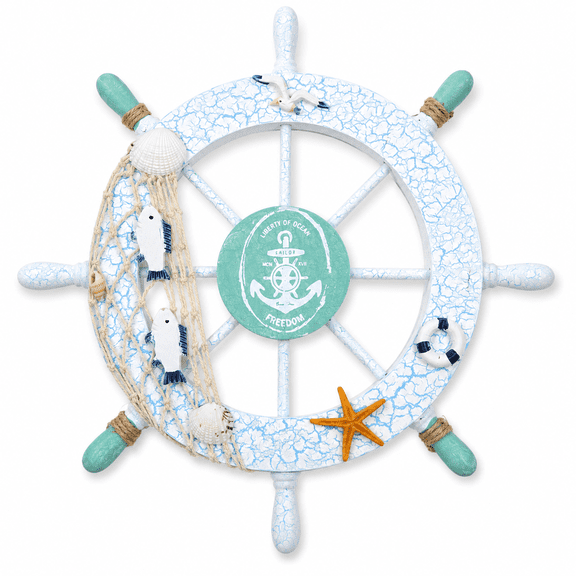 Boat Ship Steering Wheel with Fish Net and Shell Accents, Charming White Wall Decor for Beach-Inspired Home, Wood