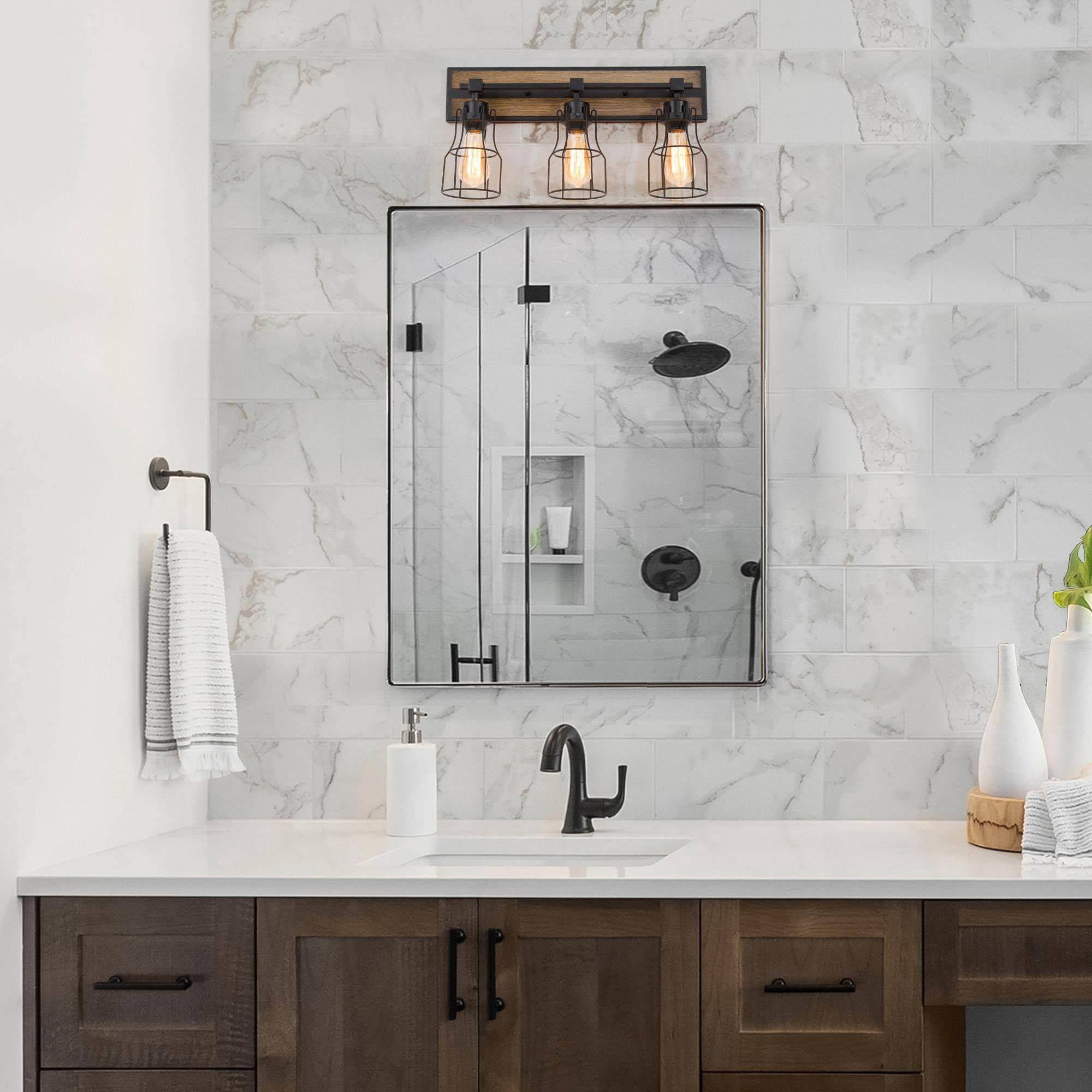 LNC 3-Light Black Geometric Modern Farmhouse Wood Tone Bathroom Vanity Lighting Fixutre