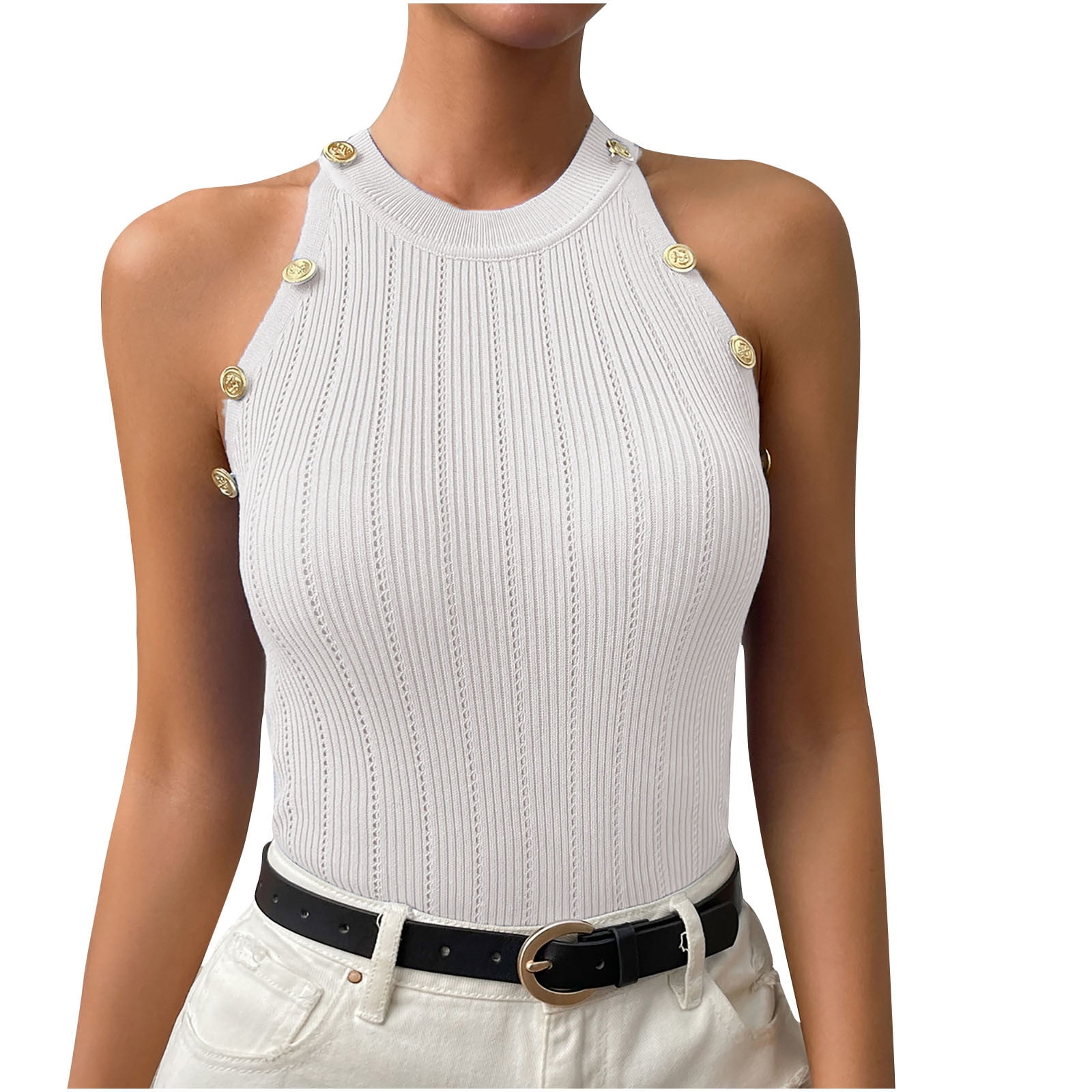 Womens Basic Tank Tops Button Halter Summer Tops for Women Knitwear ...