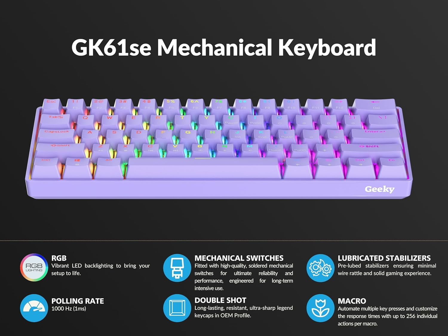 Geeky GK61 SE 60% | Mechanical Gaming Keyboard | 61 Keys Multi Color RGB LED Backlit for PC / Mac Gamer | ANSI US American Layout ( Lavender , Mechanical Red )