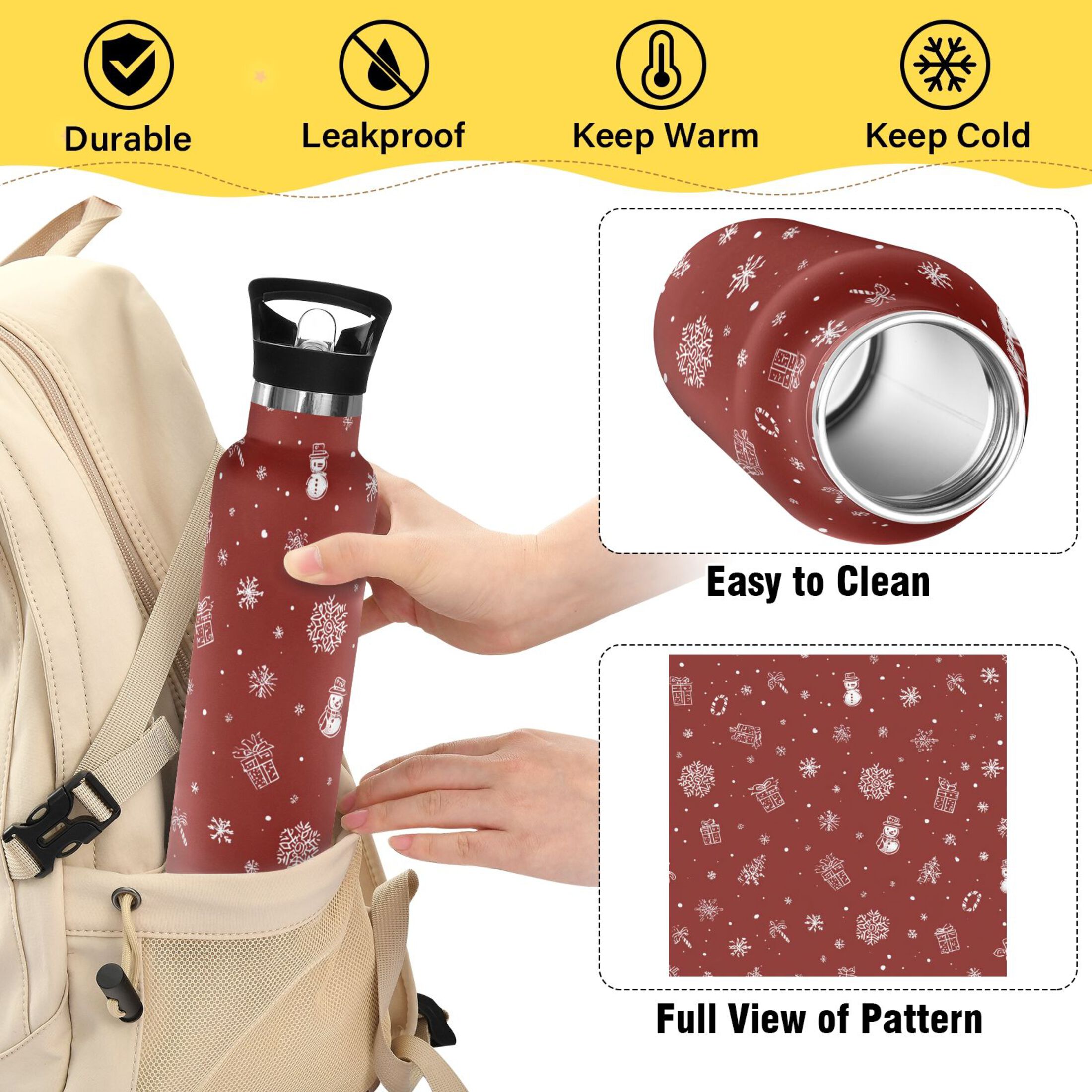 600ML Stainless Steel Insulated Cup Sports Water Bottle Portable Thermos Cup Water Glasses Insulated Tumblers Convenient and Durable Red Christmas Pattern