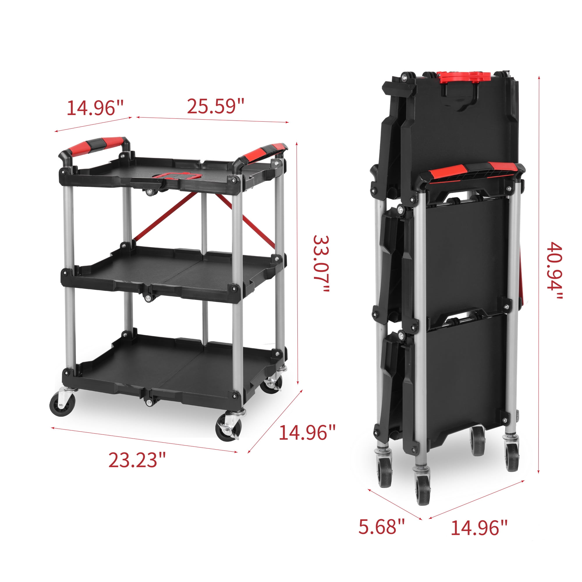 3-Tier Folding Collapsible Service Cart with Wheels,240lb Utility Foldable Service Cart,Portable Garage Tool Cart for Warehouse Office Home